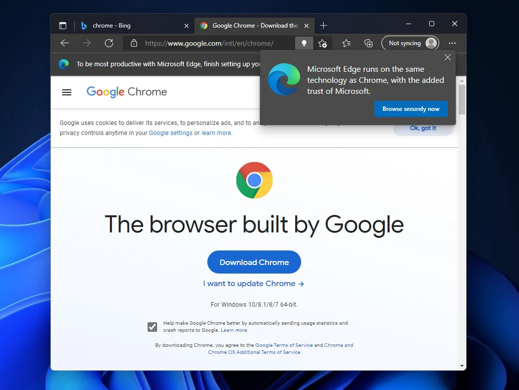 微软 Win11 Edge 弹窗警告，试图阻止用户下载 Chrome 浏览器 - 果核剥壳